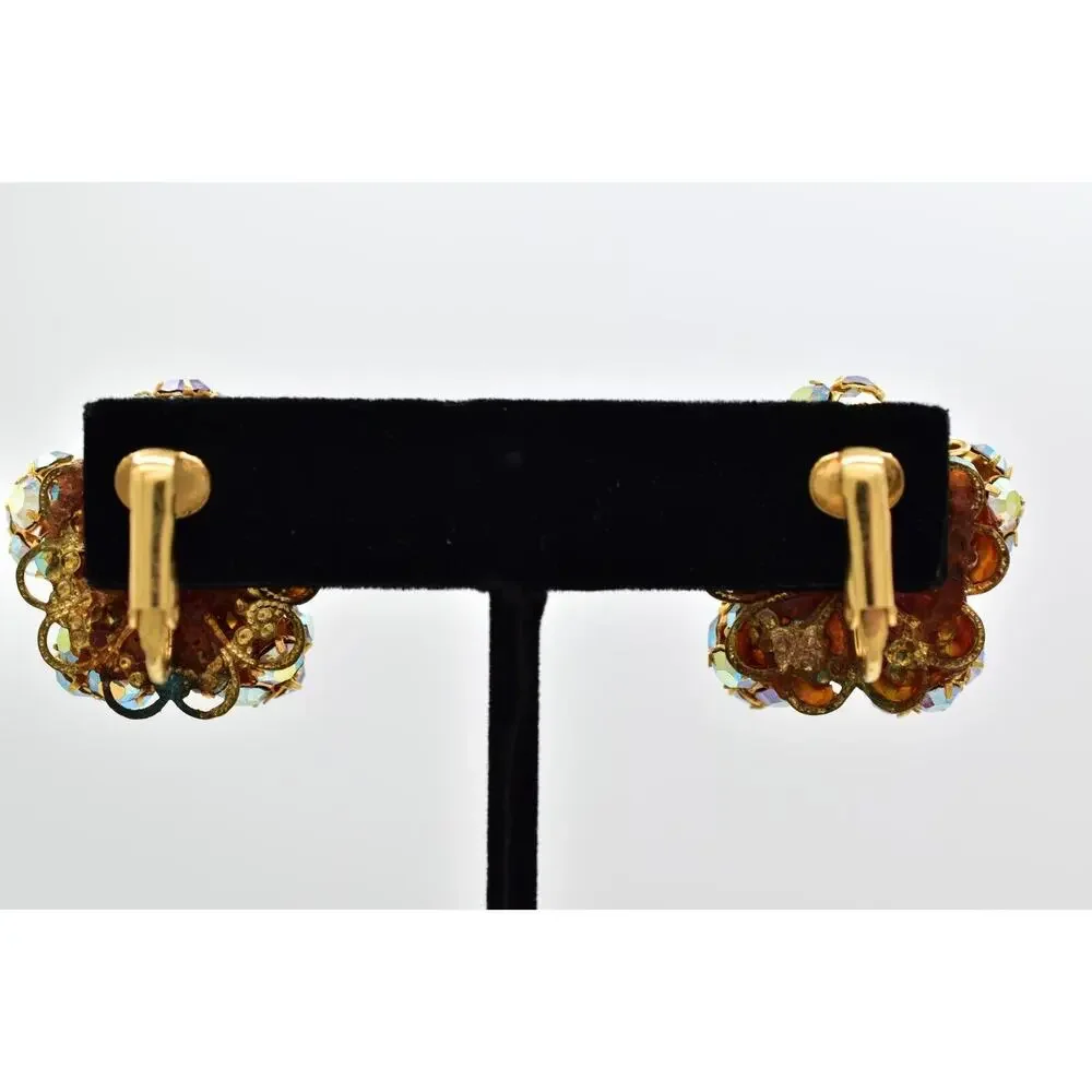 Vintage Crystal Clip On Earrings Aurora Borealis Prong Ball Flower 1950s BinBK